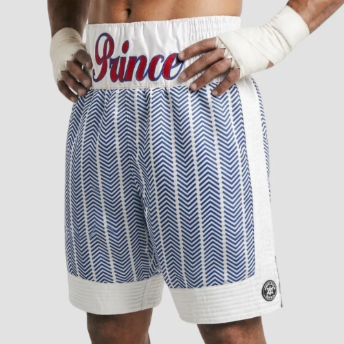 Boxing shorts with a sublimated chevron pattern and hand-quilted side and bottom stripes.